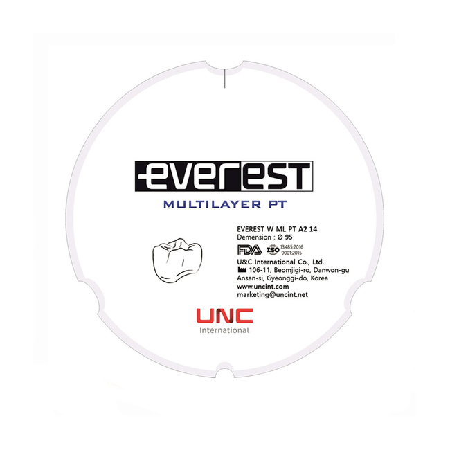 Everest Multilayer PT - циркониевый диск многослойный, предварительно окрашенный, диаметр 95 мм, толщина 12 мм | UNC (Ю. Корея)